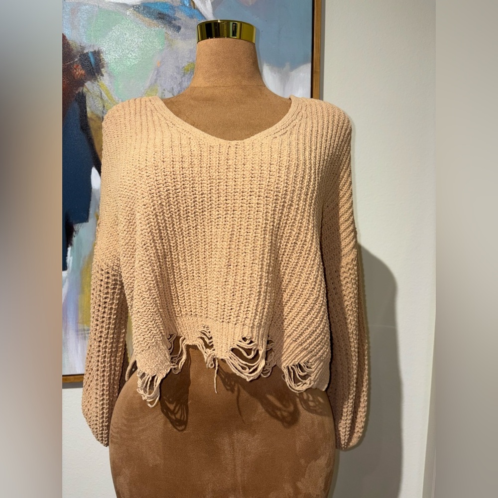 Freshman Tan V-Neck Distressed Sweater